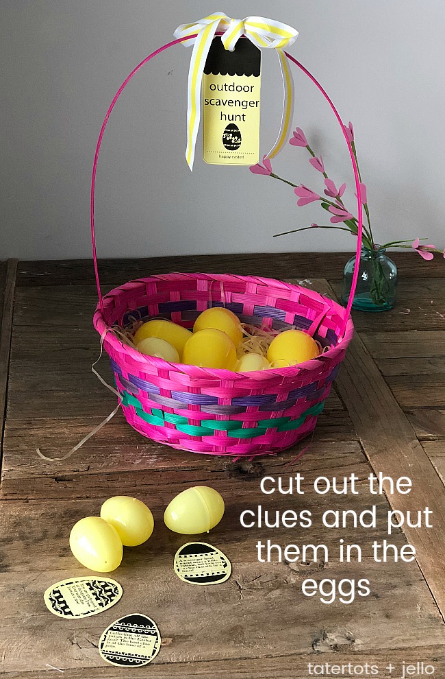 Celebrate Easter with an Outdoor Easter Scavenger Hunt with printable clues! Your kids and teens will love running around the neighborhood solving clues and collecting a basket of super cute treats. 