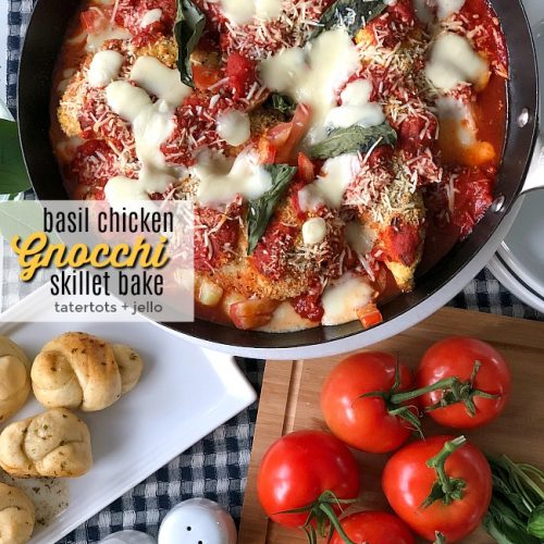 Basil Chicken Gnocchi Skillet Bake. Layers of basil pasta sauce, creamy gnocchi, crisp breaded chicken, fresh basil and gooey cheese are baked for a hearty Italian dish everyone loves! Add buttery garlic knots that you bake in the bag and are perfect for busy families and a and beautiful dish you can serve to your family or to wow visitors! 
