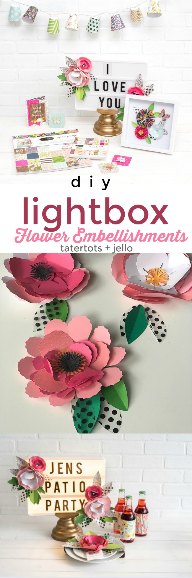 Dress up your marquee lightbox with paper flowers. You can change them out throughout the year. It's an easy way to make your lightbox the centerpiece of your home decor! #papercrafts #lightbox #paperflowers 