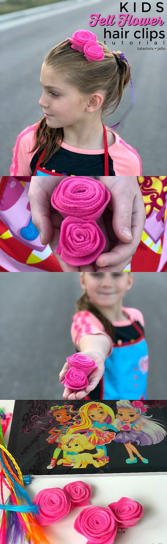 Kids craft Felt Flower Hair Clips. Kids will love making these pretty flower hair clips based on the NickJr Sunny Day animated series. Watch Sunny Day weekdays on Nickelodeon! #ad #nickelodeon #nickjr #sunnyday #hairclips #feltflowers #kidscraft #hairtutorial #craftidea 