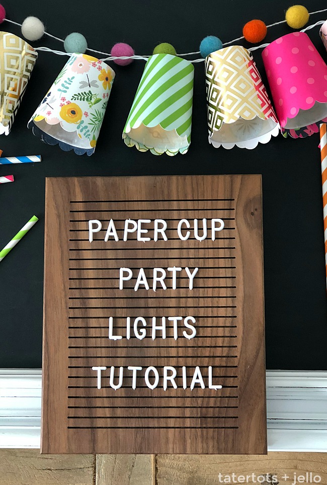Add light to ANY party, event or even a door or mantel with DIY Dixie Cup String Party Lights. You can use any paper and it's such a cute way to celebrate! 