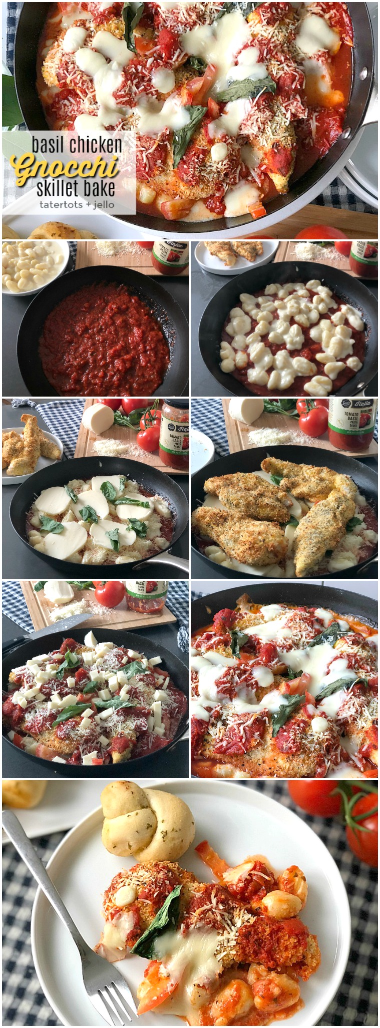Basil Chicken Gnocchi Skillet Bake - with @Walmart's new Sam’s Choice Italia line. Basil Chicken Gnocchi Skillet Bake. Layers of tomato basil pasta sauce, creamy gnocchi, crispy breaded chicken, fresh basil and gooey cheese are baked for a hearty Italian dish everyone loves! #sponsored #WalmartWOW #ItalianRecipe #RecipeKidsLove #GnocchiRecipe