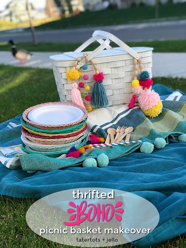 Thrifted BOHO Pom Pom Picnic Basket Makeover! Give a thrifted picnic basket new life and a boho spring makeover with spraypaint and yarn. I will show you how to make BOHO beaded embellishments that will make your new picnic basket shine! 