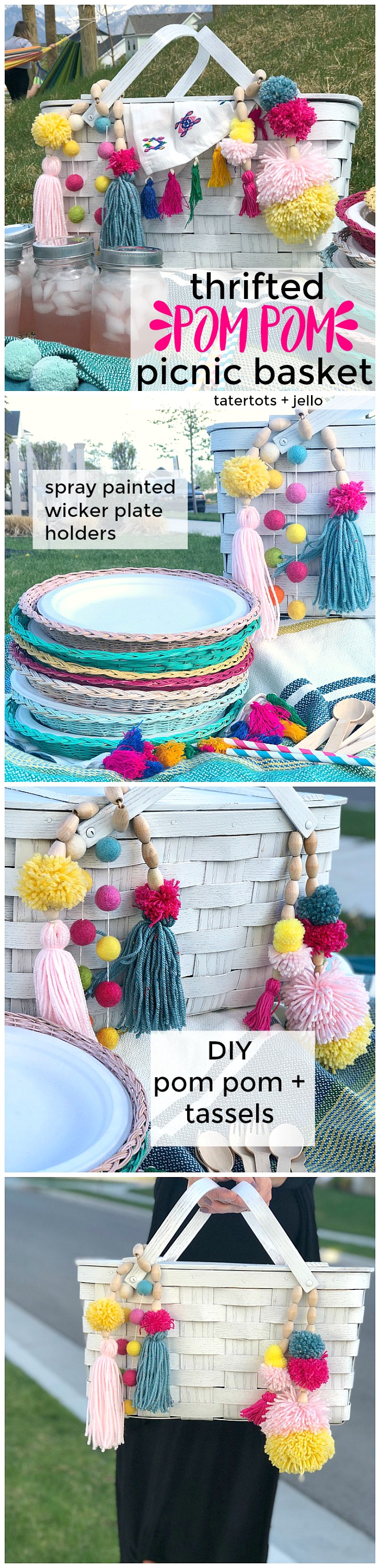 Thrifted BOHO Pom Pom Picnic Basket Makeover! Give a thrifted picnic basket new life and a boho spring makeover with spraypaint and yarn. I will show you how to make BOHO beaded embellishments that will make your new picnic basket shine! 