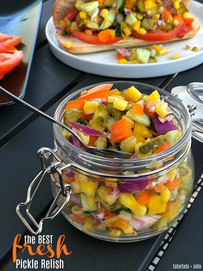 Fresh Pickle Veggie Relish is the perfect topping for your Summer BBQ. Pickles, fresh veggies and a light dressing are all combined to make the perfect topping for your hamburgers, hot dogs and sandwiches this summer! 