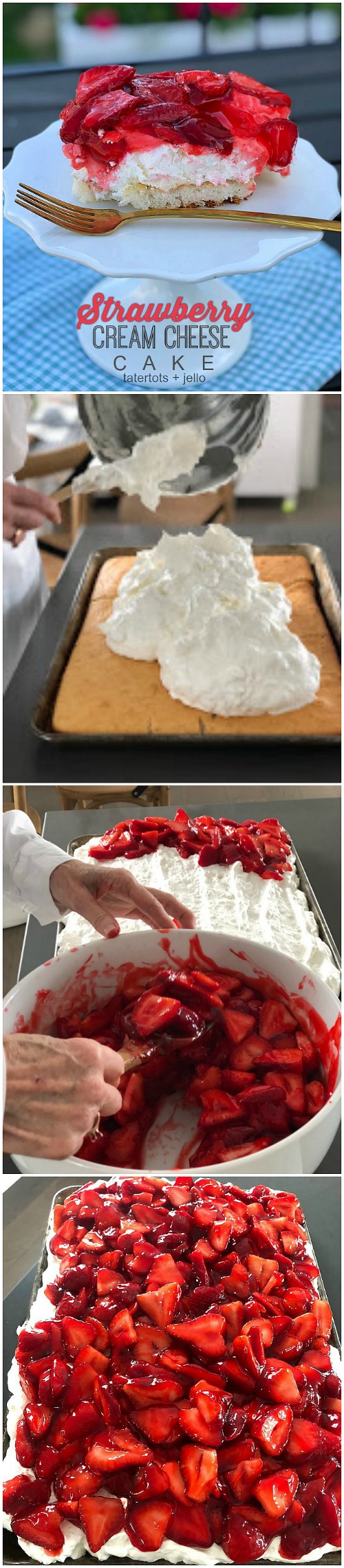 The BEST  Fresh Strawberry Cream Cheese Cake Recipe. Moist white cake covered in a fluffy layer of cream cheese and whipped cream with a topping of luscious fresh strawberries in a sweet strawberry glaze. Everyone will fall in love with this delicious, easy cake.  