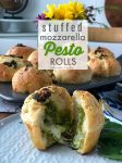Stuffed Cheesy Mozzarella Pesto Rolls are an easy recipe to whip up using pre-made Rhodes dough. Warm fragrant rolls are stuffed with gooey Mozzarella and Parmesan cheese, pesto and basil. It's the perfect compliment to an Italian Dinner OR a great lunch on it's own! 