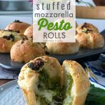 Stuffed Cheesy Mozzarella Pesto Rolls are an easy recipe to whip up using pre-made Rhodes dough. Warm fragrant rolls are stuffed with gooey Mozzarella and Parmesan cheese, pesto and basil. It's the perfect compliment to an Italian Dinner OR a great lunch on it's own! 