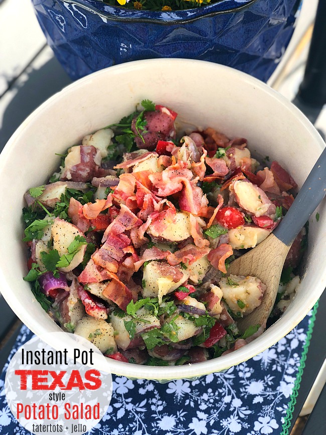 Texas Potato Salad is the perfect dish to take to ANY Summer party or BBQ. Fresh new potatoes in a sweet vingear dressing are tossed with grilled onions and bacon for a light potato salad everyone will love! Make it in your Instant Pot and you can whip this up in just a few minutes. 