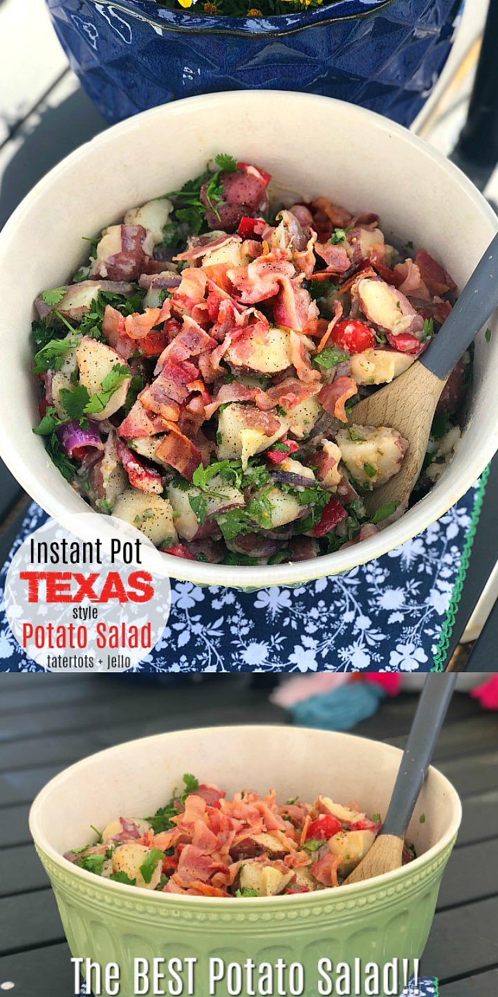 Instant Pot Texas-Style Potato Salad is the perfect dish to take to ANY Summer party or BBQ. Fresh new potatoes in a sweet vinegar dressing are tossed with grilled onions and bacon for a light potato salad everyone will love! Make it in your Instant Pot and you can whip this up in just a few minutes.