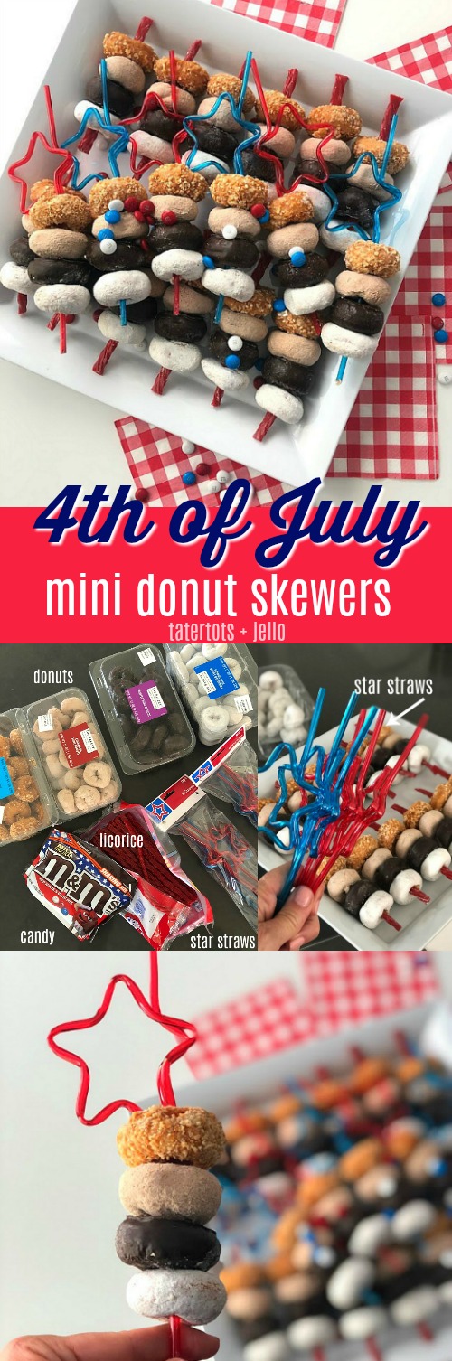 Fourth of July MIni Donut Skewers are a really easy dessert to make for a BBQ, picnic or get-together. Mini Donuts are threaded onto red licorice for a really easy and festive dessert that kids love! You can make this in minutes and kids love them!