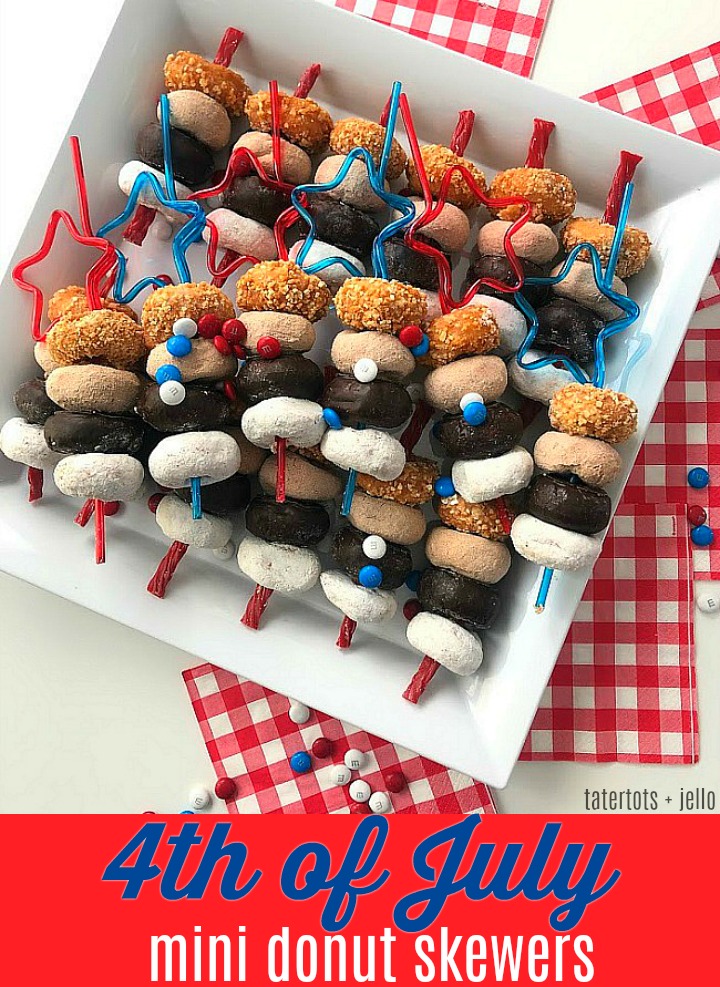Fourth of July MIni Donut Skewers are a really easy dessert to make for a BBQ, picnic or get-together. Mini Donuts are threaded onto red licorice for a really easy and festive dessert that kids love! You can make this in minutes and kids love them!