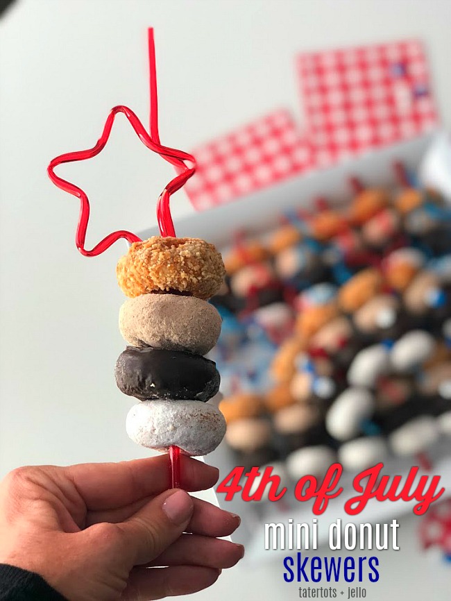Fourth of July MIni Donut Skewers are a really easy dessert to make for a BBQ, picnic or get-together. Mini Donuts are threaded onto red licorice for a really easy and festive dessert that kids love! You can make this in miFourth of July MIni Donut Skewers are a really easy dessert to make for a BBQ, picnic or get-together. Mini Donuts are threaded onto red licorice for a really easy and festive dessert that kids love! You can make this in minutes and kids love them!