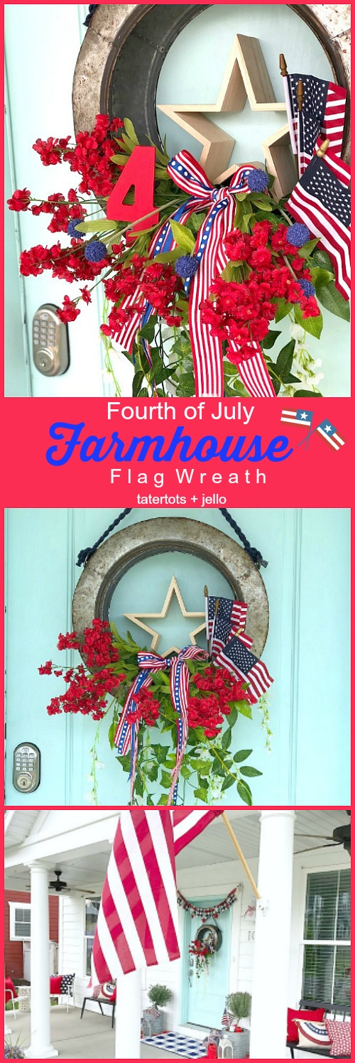 Fourth of July Galvanized Farmhouse Flag Wreath. Galvanized metal, flowers, a star and flags make wreath the perfect way to greet your guests this summer! 