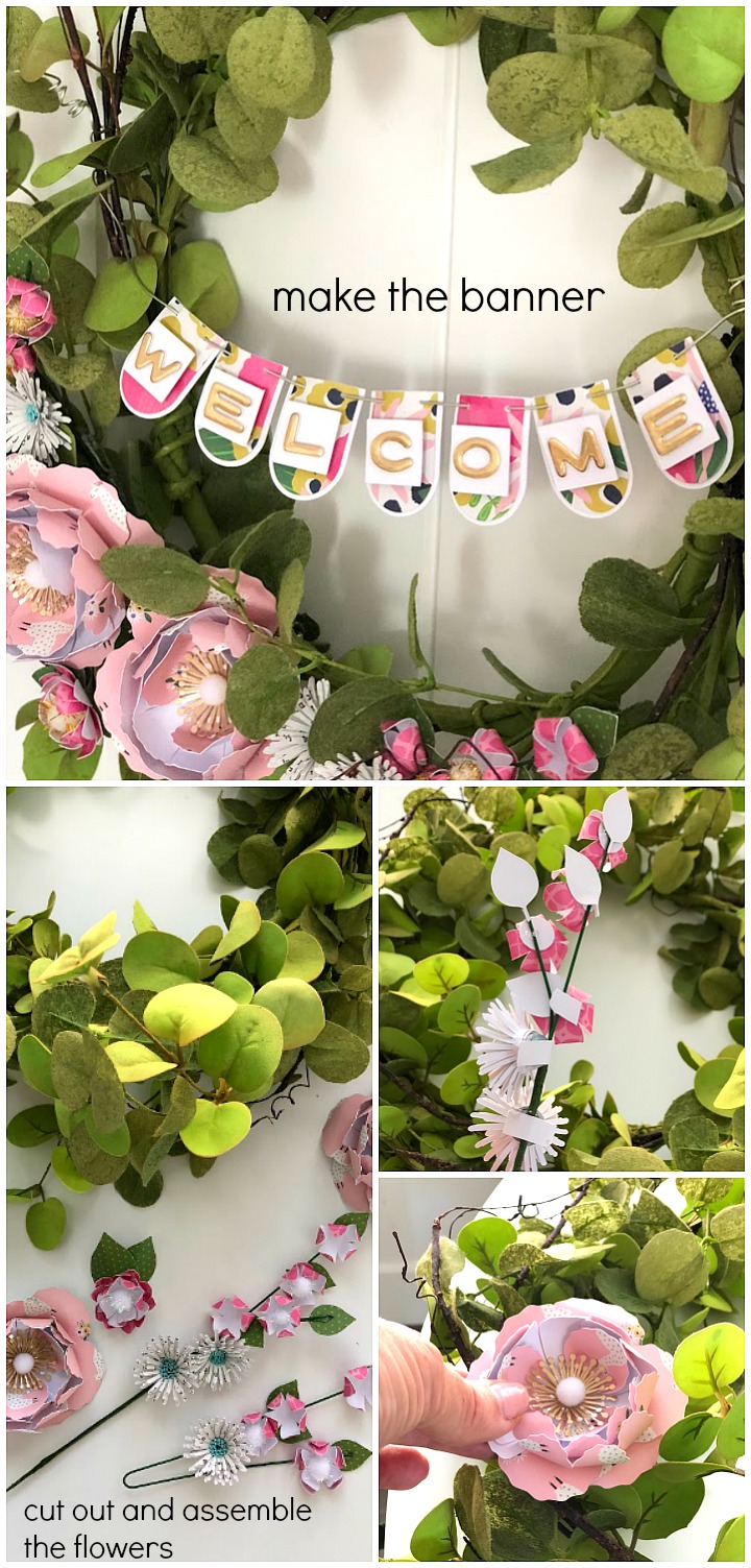 Make a WELCOME Banner Wreath. Combine the beautiful elements of greenery with paper flowers and a paper banner for a wreath that welcomes everyone! 