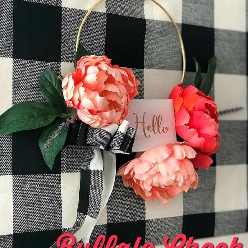 Make a peony buffalo check hoop wreath. Celebrate summer with a bright and beautiful peony wreath on a modern wire hoop. I added Buffalo Check fabric to my wreath and mounted it on a fabric-covered frame.