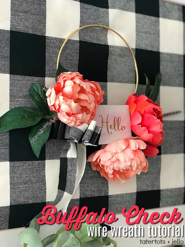 Make a peony buffalo check hoop wreath. Celebrate summer with a bright and beautiful peony wreath on a modern wire hoop. I added Buffalo Check fabric to my wreath and mounted it on a fabric-covered frame.