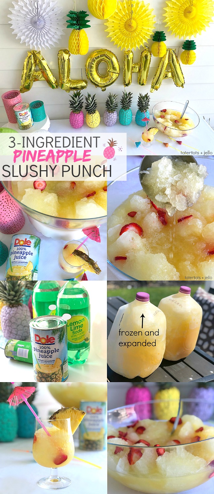 Pineapple Lime Luau Slushy Punch is a party must! Refreshing pineapple and tangy lime combine favors in this fizzy, fruity, slushy punch that makes enough for a crowd!