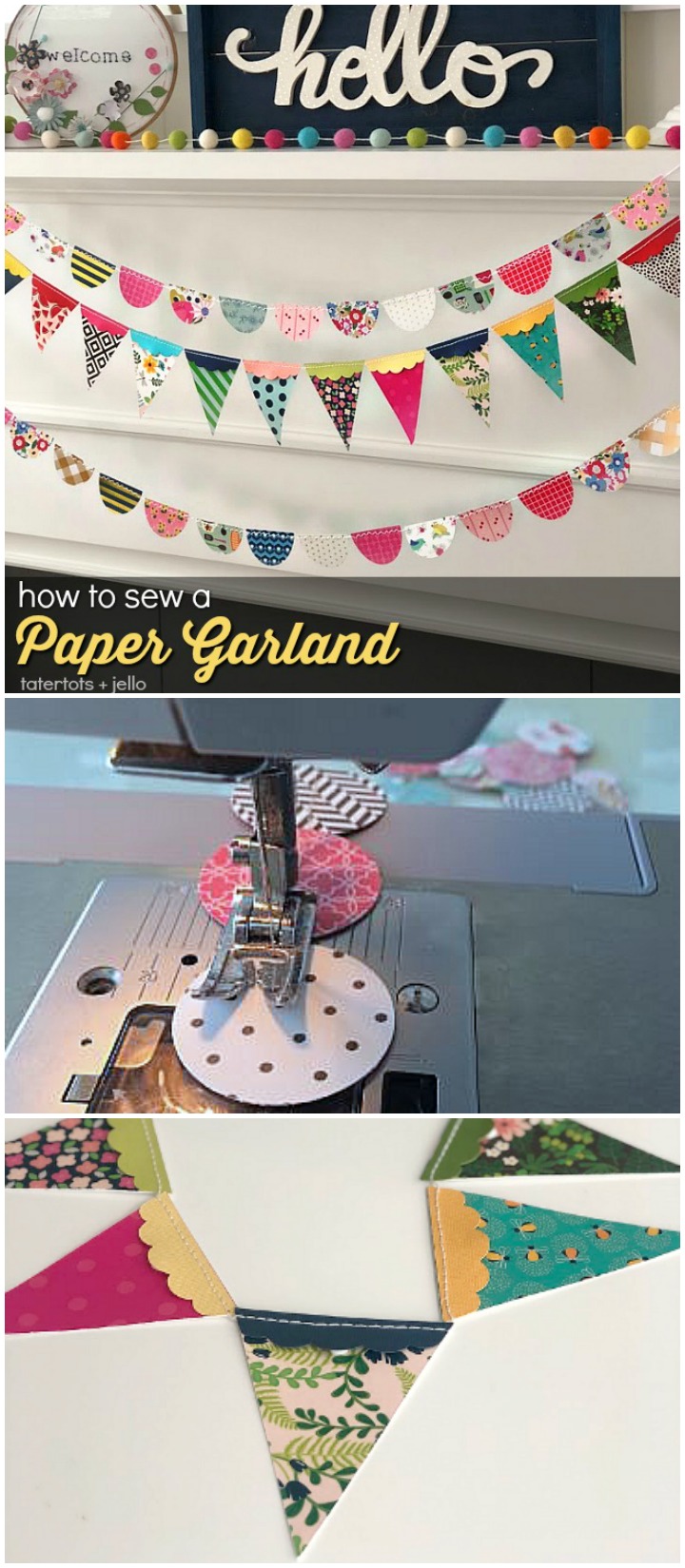 How to sew a paper garland. It's an easy way to decorate for ANY occasion. In just minutes you can have the perfect compliment to your decor or occasion! 