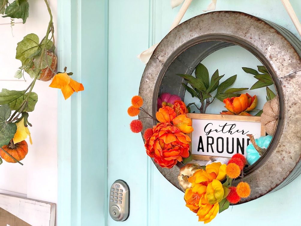 Celebrate the Fall season with a metal farmhouse "Gather" wreath. Hang your wreath on your door or inside and enjoy it through Thanksgiving!