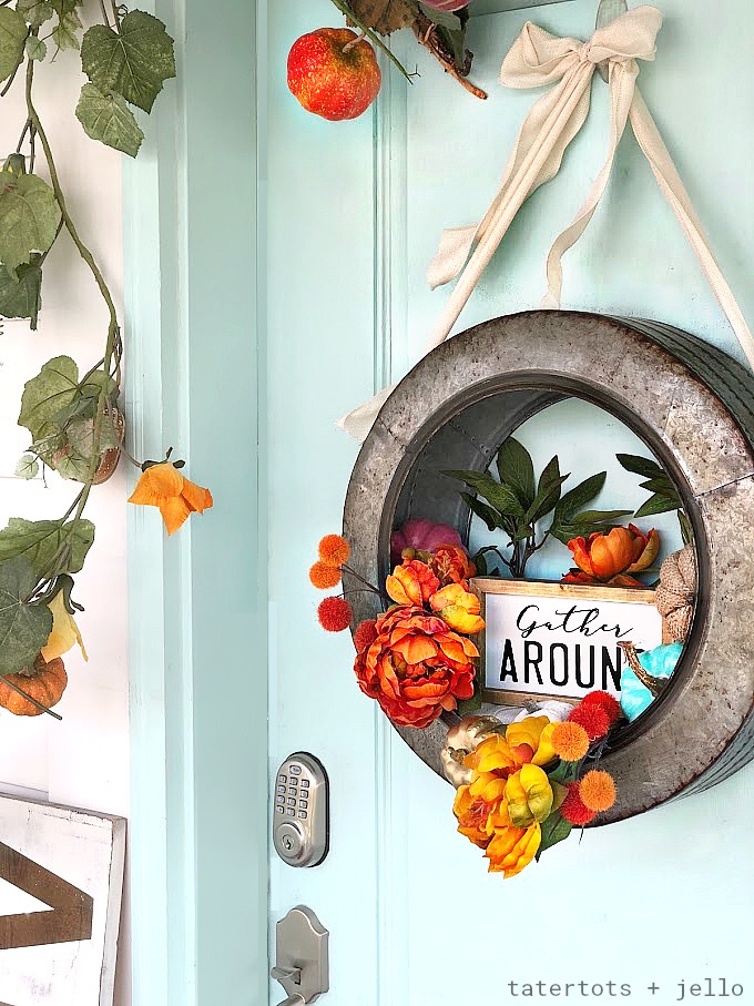 Celebrate the Fall season with a metal farmhouse "Gather" wreath. Hang your wreath on your door or inside and enjoy it through Thanksgiving!