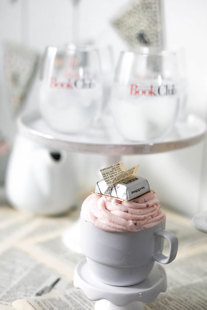 Throw a Book Club Party - Cupcakes in Teacups with Book Toppers! Throw a Book Club Party - Plan a Girls' Night in! Tips an tricks plus grab the recipe for Strawberry Cupcakes with Edible Book Toppers!!