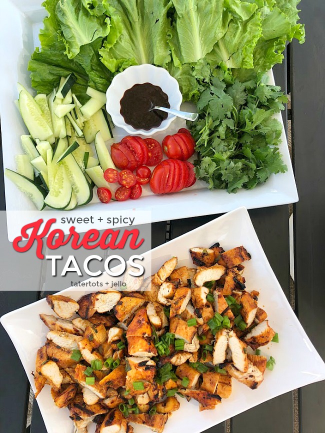 Korean Tacos are a sweet and spicy spin on traditional chicken tacos. Chicken is marinated in gochujang sauce, fresh ginger and herbs and then grilled. Juicy spicy chicken combine with fresh lettuce, cucumber, tomatoes and sauce for a sweet and spicy memorable taco!