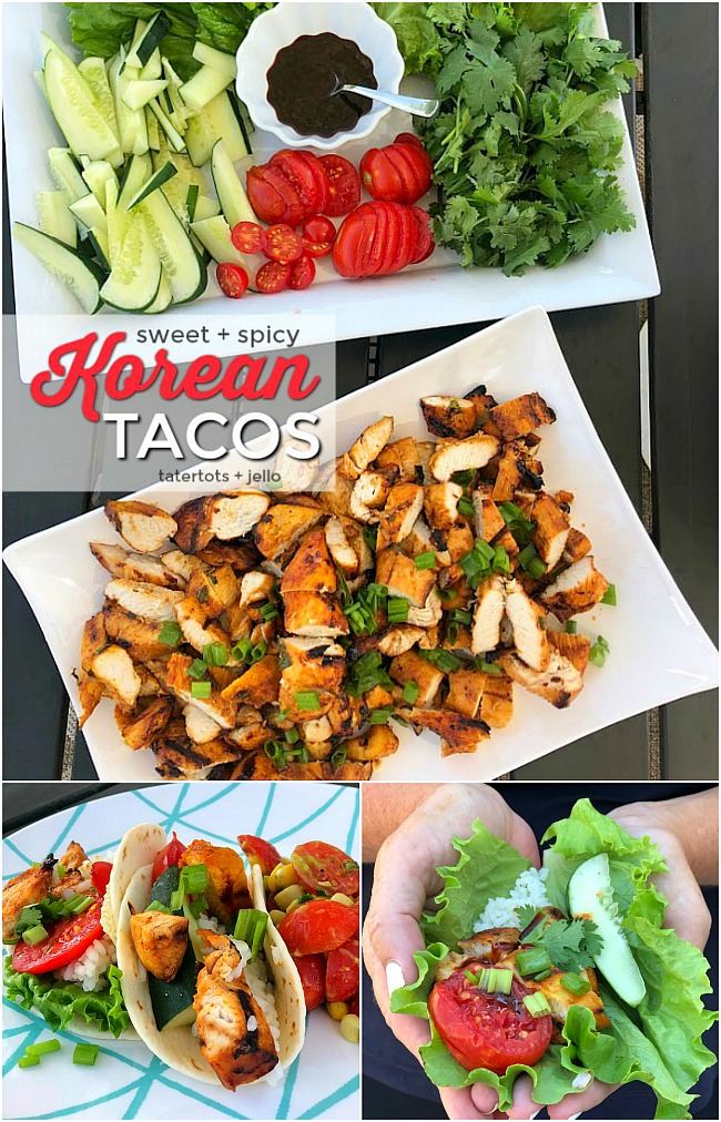 Sweet and Spicy Korean Chicken Tacos are a tasty twist on traditional chicken tacos. Chicken is marinated in gochujang sauce, fresh ginger and herbs and then grilled. Juicy spicy chicken combine with fresh lettuce, cucumber, tomatoes and sauce for tacos that are bursting with flavor! 