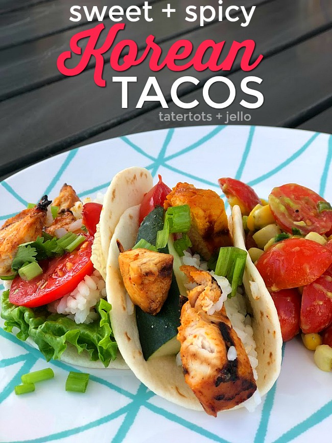 Sweet and Spicy Korean Chicken Tacos are a fun twist on traditional tacos. Marinated chicken is bursting with sweet and spicy flavor and served with fresh toppings!