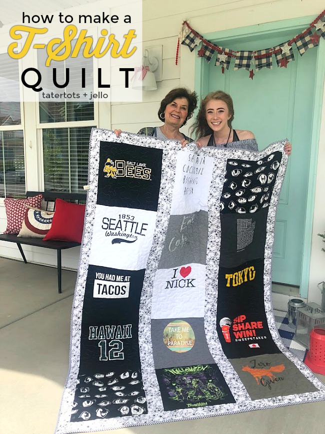 How to Make a T-Shirt Quilt! Take treasured t-shirts and supplement them with thrifted shirts with meaningful places, logos or sayings for a quilt that will be treasured always. It is a fun craft to make with a teen or tween or give as a gift!