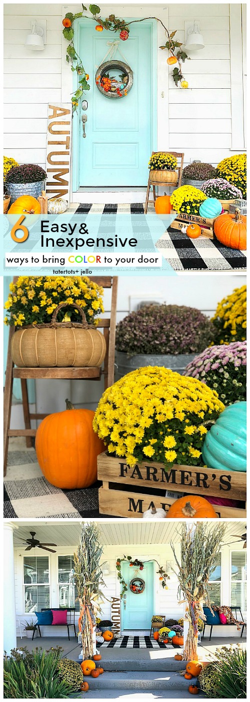 My plaid fall porch - use plaid and bright colors welcome fall! Welcome guests to your home with these easy and inexpensive Autumn DIY ideas! 