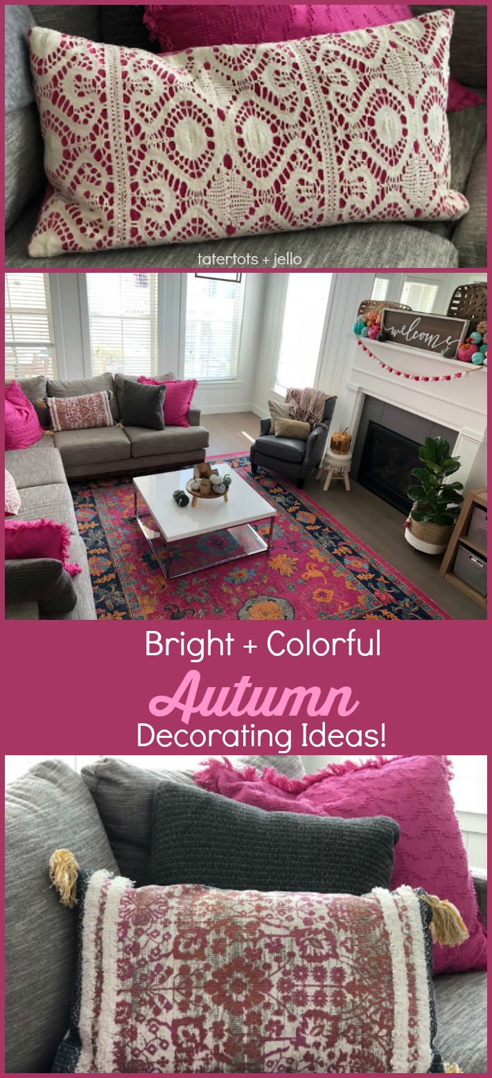 Bright and Colorful Mantel and Decor Ideas for Fall! Make PINK a focal point in your Autumn decor! Bright colors are fun for fall and can add some brightness to your everyday decor! 