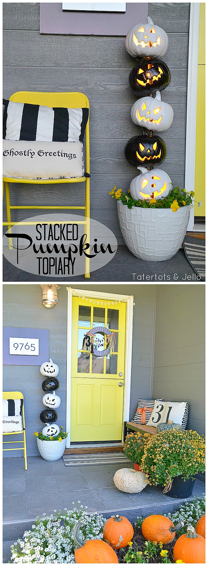 pray paint foam jack-o-lanterns and stack them to create a Halloween Topiary. Add lights and you have a super cute and festive way to welcome guests to your home! 