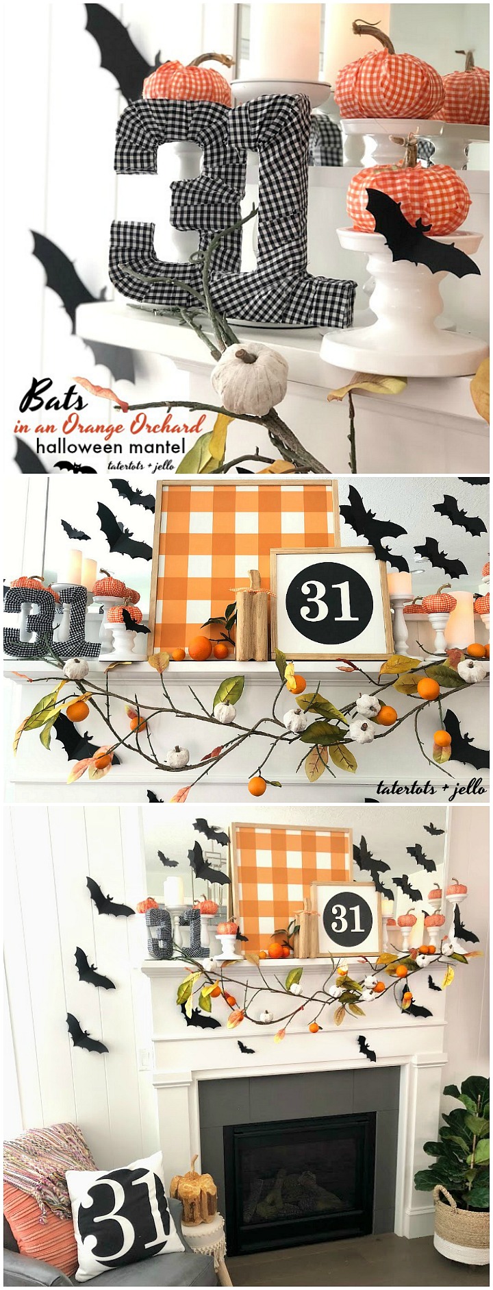 Halloween Bats in an Orange Orchard Mantel. Pumpkins on orange vines, farmhouse signs, decoupaged pumpkins and bats make a bright Halloween mantel with a slightly spooky side! 