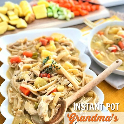 Grandma's Famous Chicken and Noodles in the Instant Pot. Shredded chicken with hearty vegetables and thick egg noodles in a thick, creamy sauce. This is comfort food at it's finest. 