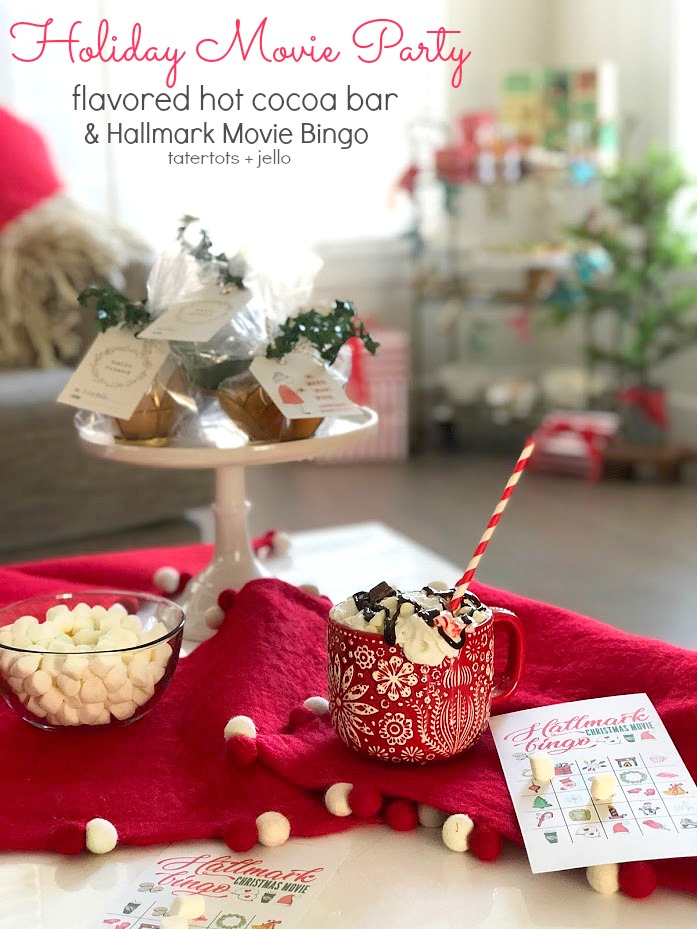 Holiday Hallmark Movie Party, Flavored Hot Cocoa Bar and Hallmark Movie Bingo Game! Invite your friends over for an epic holiday movie party! It's easy with all the fixings from World Market. Create a flavored hot cocoa bar, two different bruschetta appetizers, flavored popcorn and a free printable bingo game.