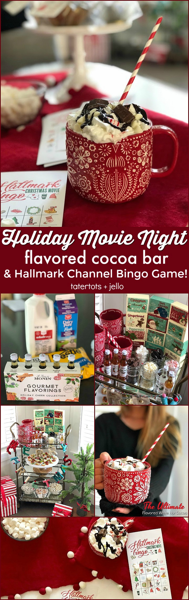 Holiday movie night, flavored hot cocoa bar and Hallmark Channel Movie printable BINGO Game!