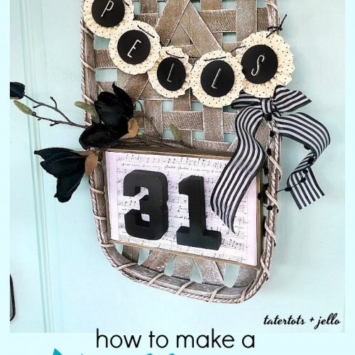Make a Halloween Basket Witch Wreath. Use a flat basket and add a saying and banner to create a welcoming Halloween wreath! 