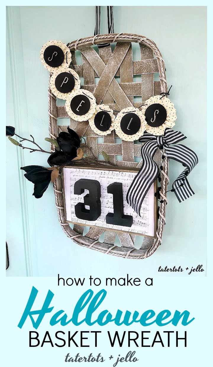 Make a Halloween Basket Witch Wreath. Use a flat basket and add a saying and banner to create a welcoming Halloween wreath! 