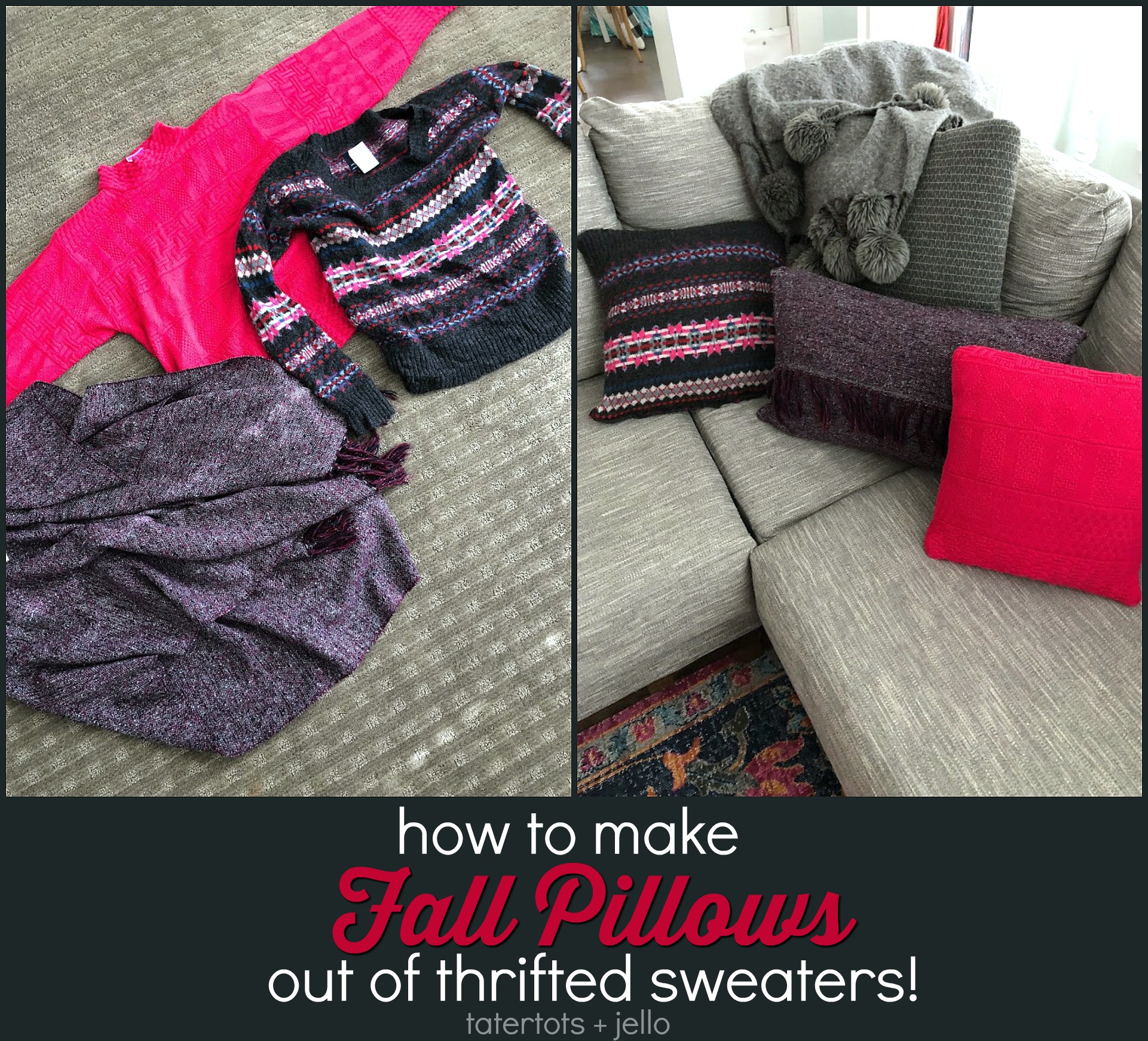 How to make Fall pillows out of thrifted sweaters! Repurpose old sweaters into new and vibrant pillow covers for your home this fall. This easy sewing tutorial shows you how! 