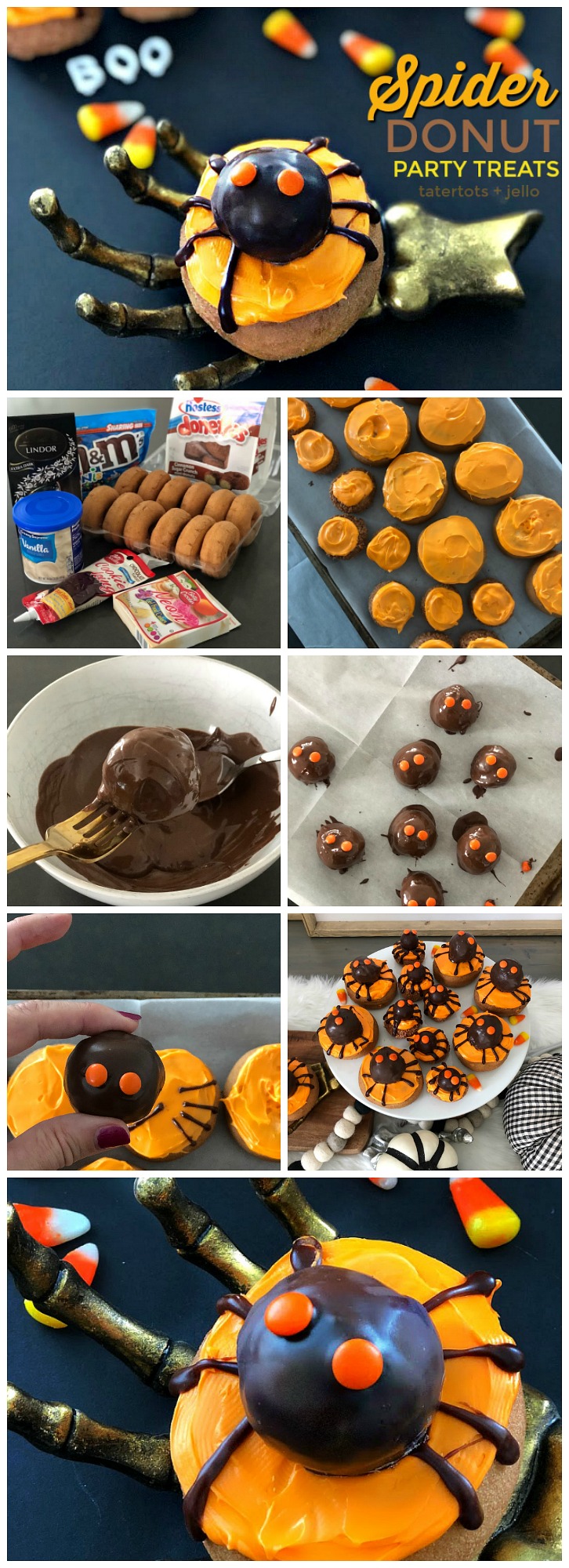 How to make spider donut Halloween party treats! Take donuts and donut holes, frost them and add eyes to make adorable spider treats that are SO good! 