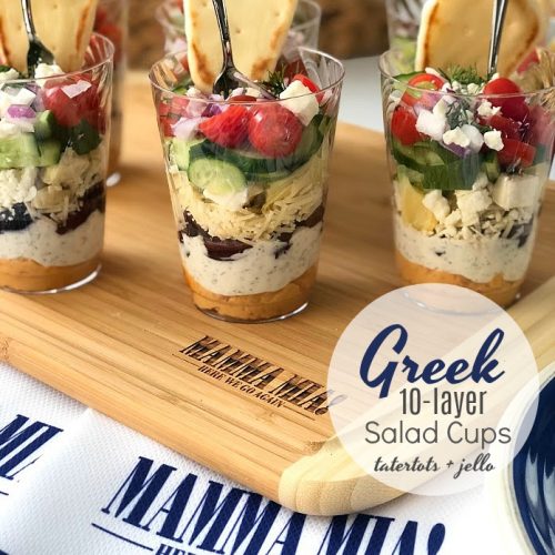 Greek 10-Layer Salad Mini Cups are the perfect appetizer for any party! Full of delightful layers of creamy, spicy and crunchy layers, this 10-layer dip will be the unforgettable! 