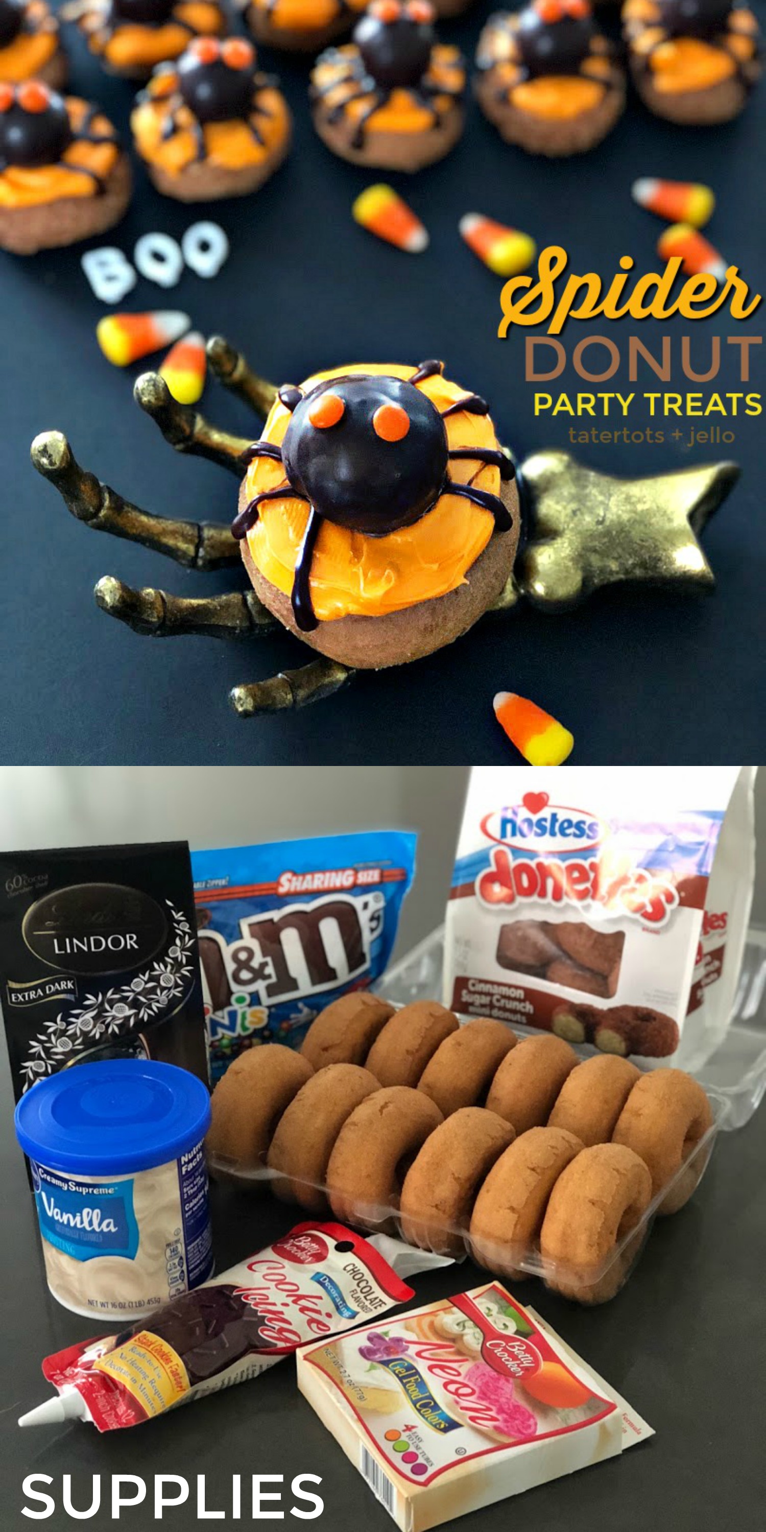 How to make spider donut Halloween party treats! Take donuts and donut holes, frost them and add eyes to make adorable spider treats that are SO good! 