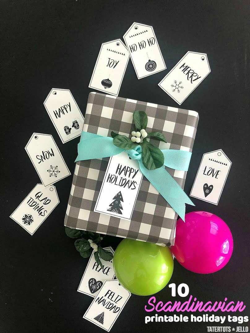 Scandinavian-style black and white holiday printable tags. 12 free black and white holiday gift tags that you can print off and add to your packages this holiday season!