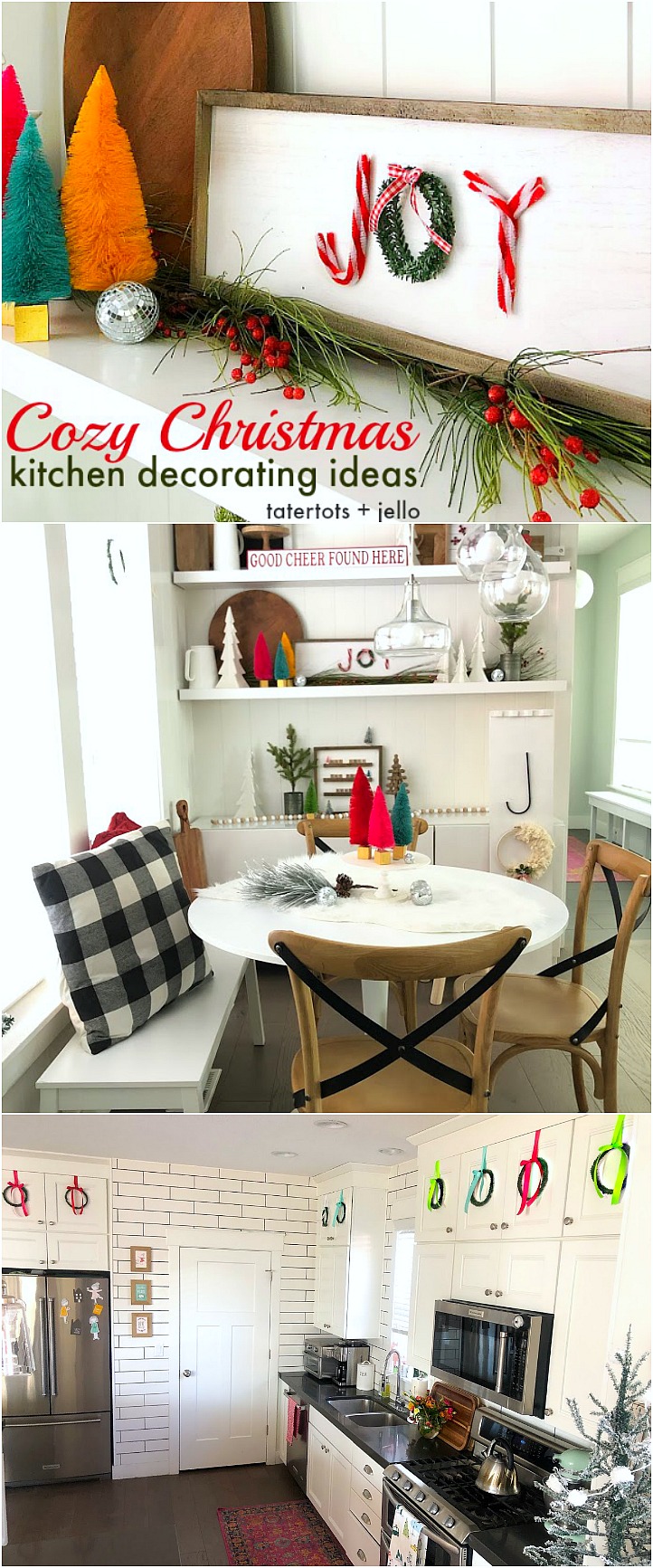 Cozy Christmas Kitchen Nook Decorating Ideas! Decorate shelves in your kitchen for the holidays with DIY projects, greenery and trees for a welcoming place to gather with your family.