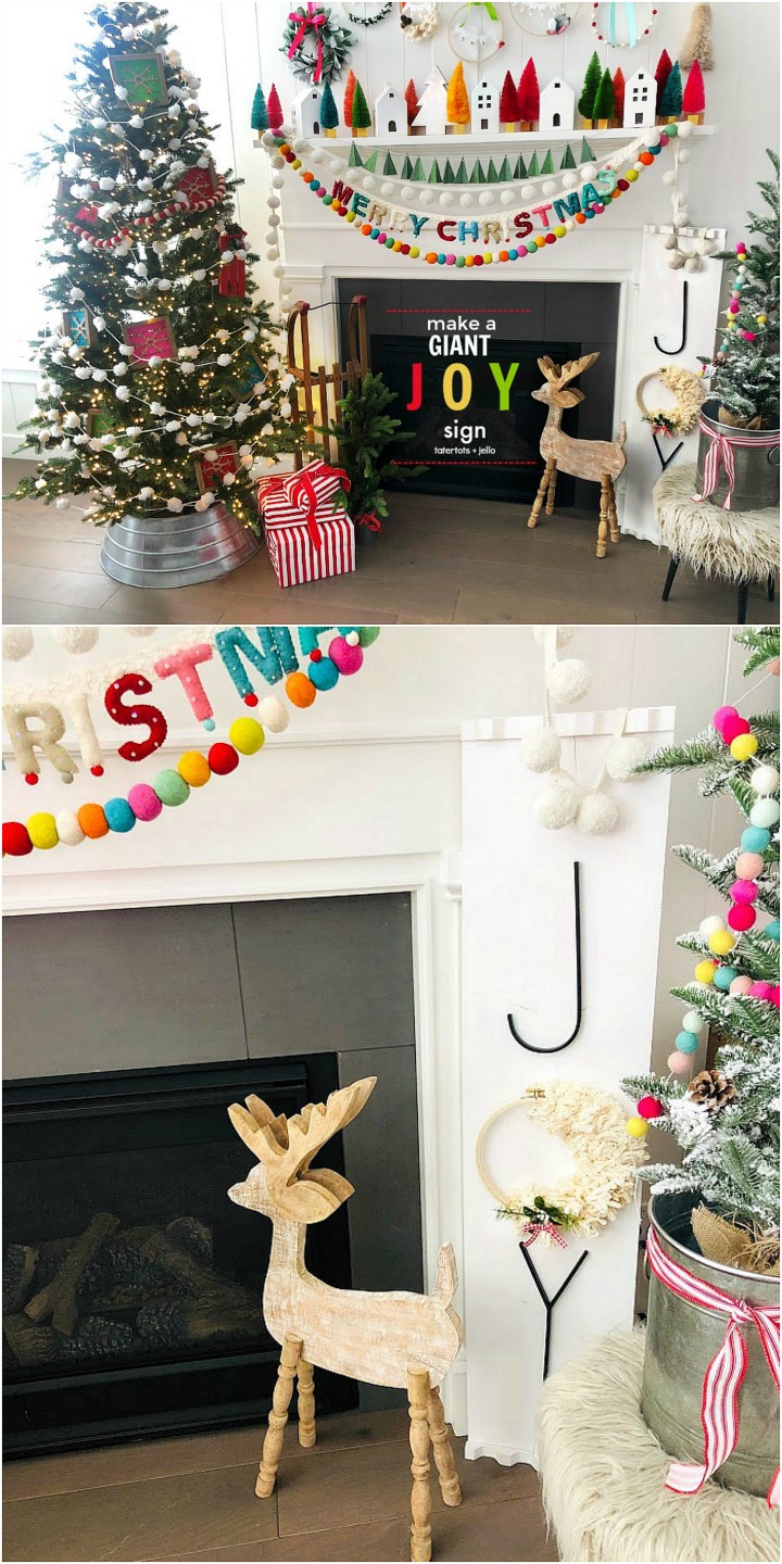 Make a GIANT JOY sign for under $12. An unfinished board, trim, embroidery hoop, yarn, letters and spray paint combine to create something special for the holidays!