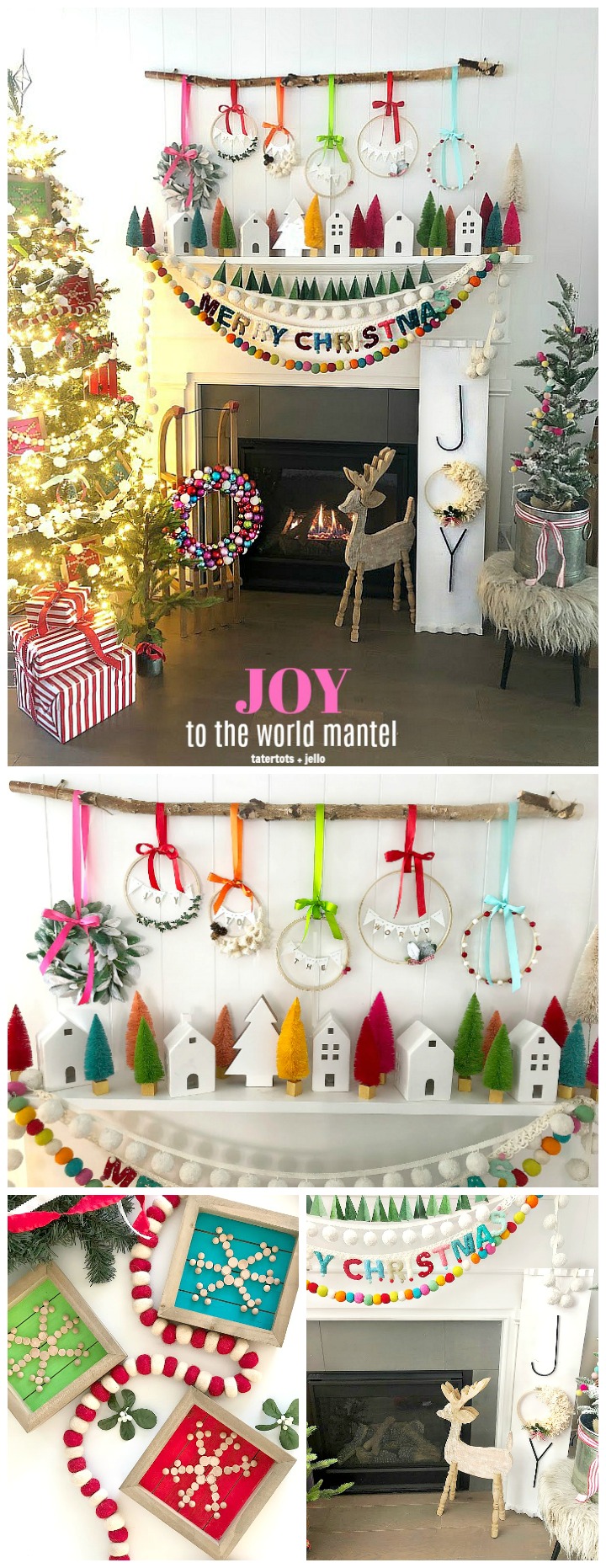 Joy to the World mantel - DIY Joy sign, embroidery hoop wreaths and DIY scandinavian snowflake ornaments. 