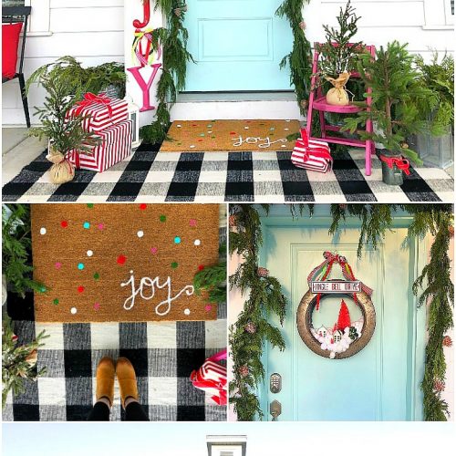 Joy to the World Holiday Porch. Bright colors, a GIANT Joy sign, Snowball Wreath and hand-painted rug create a happy welcome for family and friends with holiday season! 