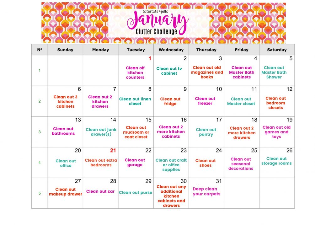 January Clutter Challenge - de-clutter your whole home in just a few minutes a day! Get on track for the new year with this easy de-clutter calendar. In just a few minutes a day you can have a de-cluttered home in a month! 