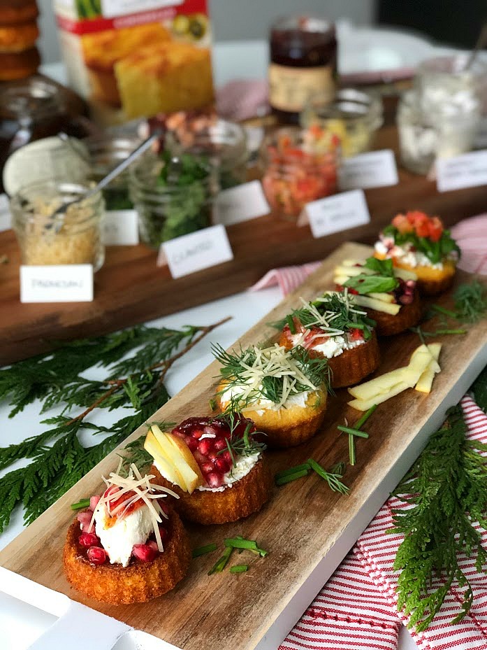 New Holiday Appetizer -- Southern-Style Cornbread Crostinis with Topping Bar! Your guests will love building their own cornbread costinis with this easy recipe and buffet idea! 